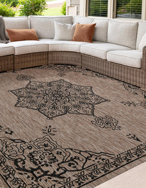 Beige 12' x 12' Outdoor Traditional Square Area Rug Weather Resistant for Patio, Deck, Terrace, Balcony, Porch Classical Design Outside Carpet for Sale at Rug Engine