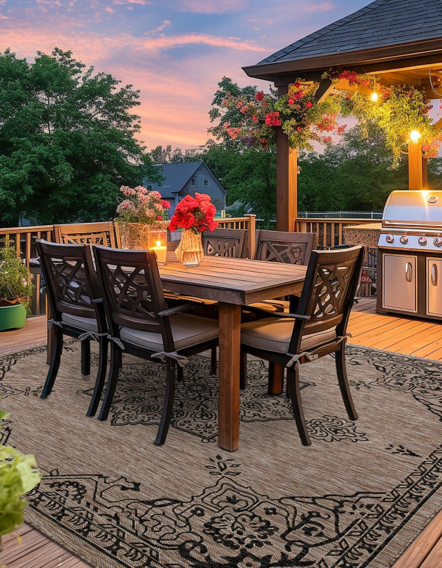 Beige 10' x 10' Outdoor Traditional Square Area Rug Weather Resistant for Patio, Deck, Terrace, Balcony, Porch Classical Design Outside Carpet for Sale at Rug Engine