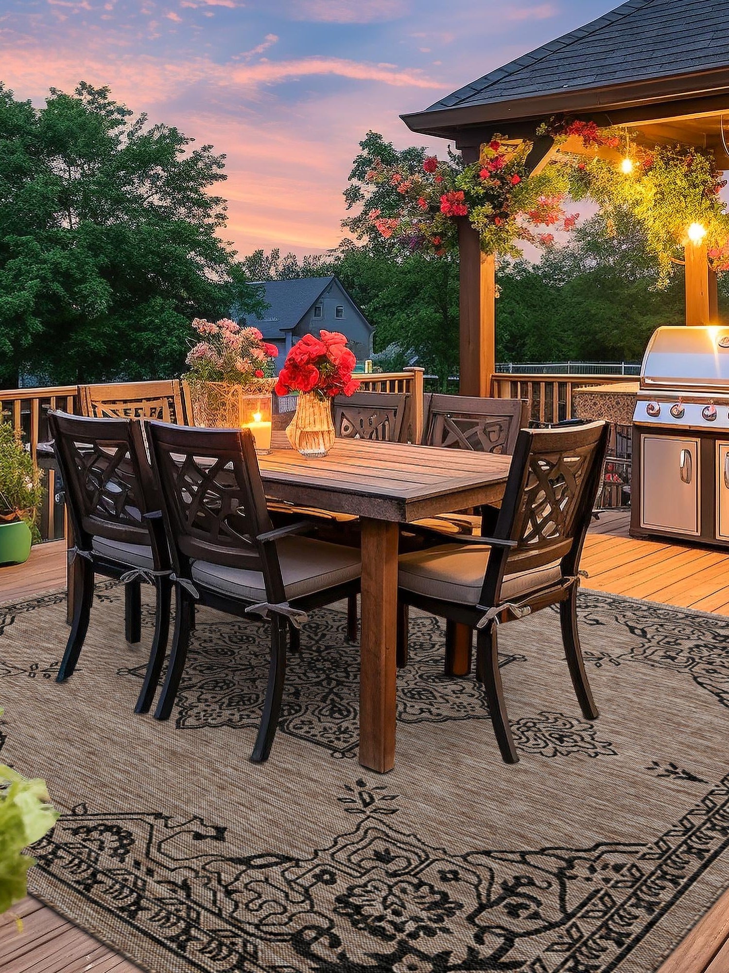 Beige 12' x 12' Outdoor Traditional Square Area Rug Weather Resistant for Patio, Deck, Terrace, Balcony, Porch Classical Design Outside Carpet for Sale at Rug Engine