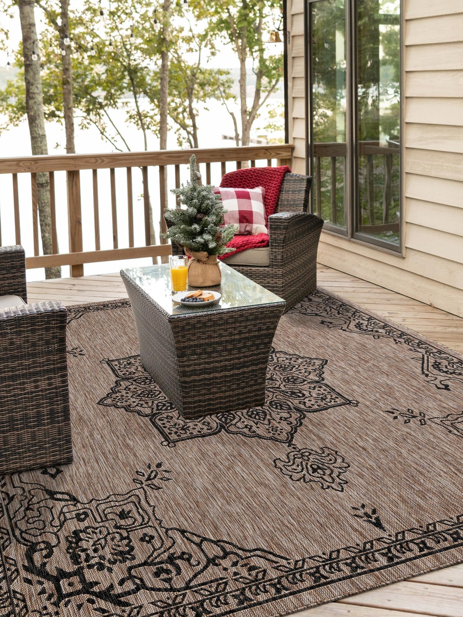 Beige 7' 10 x 7' 10 Outdoor Traditional Square Area Rug Weather Resistant for Patio, Deck, Terrace, Balcony, Porch Classical Design Outside Carpet for Sale at Rug Engine