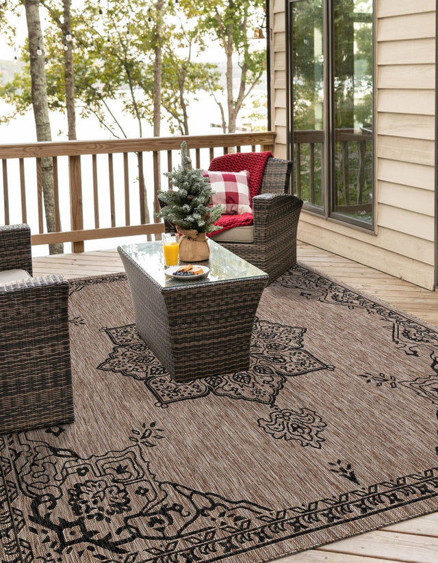 Beige 12' x 12' Outdoor Traditional Square Area Rug Weather Resistant for Patio, Deck, Terrace, Balcony, Porch Classical Design Outside Carpet for Sale at Rug Engine