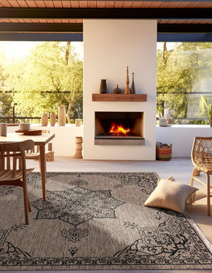 Beige 10' x 10' Outdoor Traditional Square Area Rug Weather Resistant for Patio, Deck, Terrace, Balcony, Porch Classical Design Outside Carpet for Sale at Rug Engine