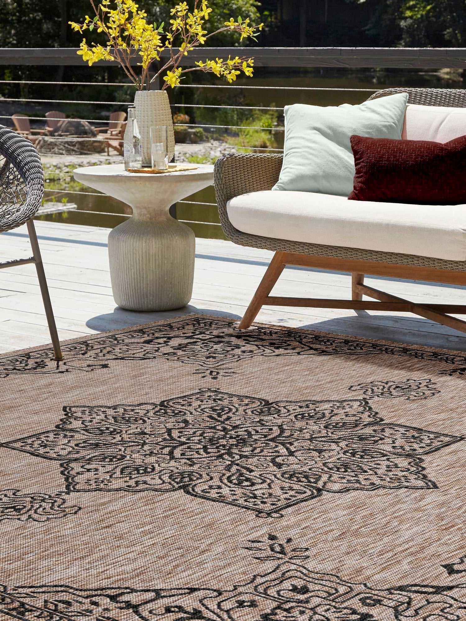 Beige 10' x 10' Outdoor Traditional Square Area Rug Weather Resistant for Patio, Deck, Terrace, Balcony, Porch Classical Design Outside Carpet for Sale at Rug Engine