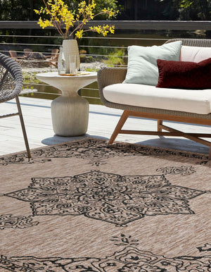 Beige 10' x 10' Outdoor Traditional Square Area Rug Weather Resistant for Patio, Deck, Terrace, Balcony, Porch Classical Design Outside Carpet for Sale at Rug Engine