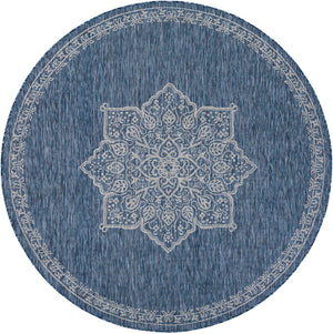 Blue 7' 10 x 7' 10 Outdoor Traditional Round Area Rug Weather Resistant for Patio, Deck, Terrace, Balcony, Porch Classical Design Outside Carpet for Sale at Rug Engine