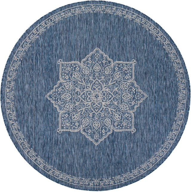 Blue 7' 10 x 7' 10 Outdoor Traditional Round Area Rug Weather Resistant for Patio, Deck, Terrace, Balcony, Porch Classical Design Outside Carpet for Sale at Rug Engine