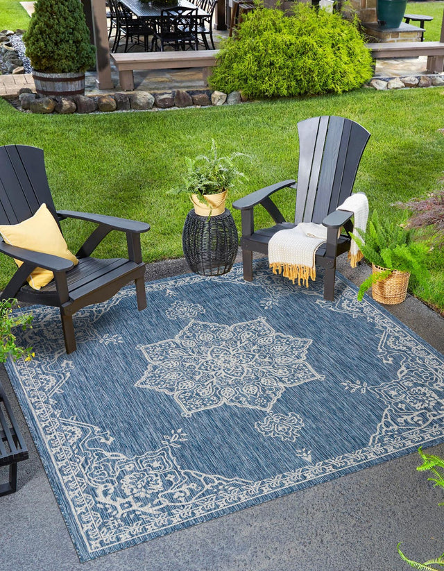 Blue 7' 10 x 7' 10 Outdoor Traditional Square Area Rug Weather Resistant for Patio, Deck, Terrace, Balcony, Porch Classical Design Outside Carpet for Sale at Rug Engine