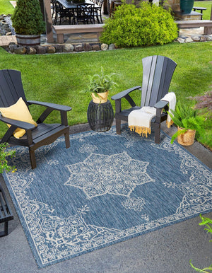 Blue 10' x 10' Outdoor Traditional Square Area Rug Weather Resistant for Patio, Deck, Terrace, Balcony, Porch Classical Design Outside Carpet for Sale at Rug Engine