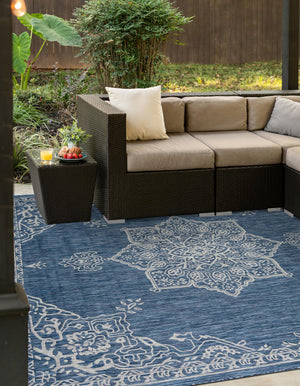 Blue 7' 10 x 7' 10 Outdoor Traditional Square Area Rug Weather Resistant for Patio, Deck, Terrace, Balcony, Porch Classical Design Outside Carpet for Sale at Rug Engine
