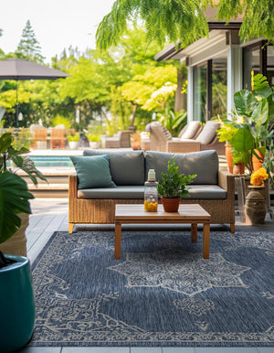 Blue 10' x 10' Outdoor Traditional Square Area Rug Weather Resistant for Patio, Deck, Terrace, Balcony, Porch Classical Design Outside Carpet for Sale at Rug Engine