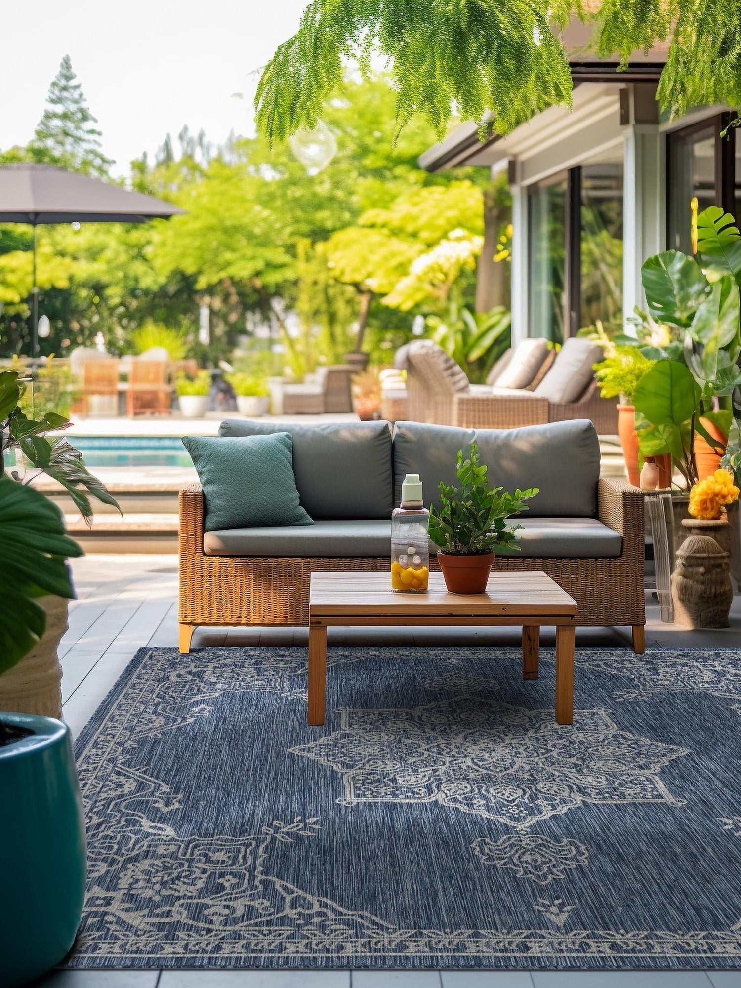 Blue 7' 10 x 7' 10 Outdoor Traditional Square Area Rug Weather Resistant for Patio, Deck, Terrace, Balcony, Porch Classical Design Outside Carpet for Sale at Rug Engine