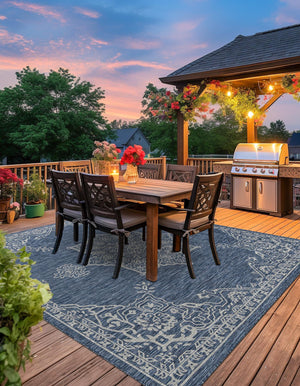 Blue 10' x 10' Outdoor Traditional Square Area Rug Weather Resistant for Patio, Deck, Terrace, Balcony, Porch Classical Design Outside Carpet for Sale at Rug Engine
