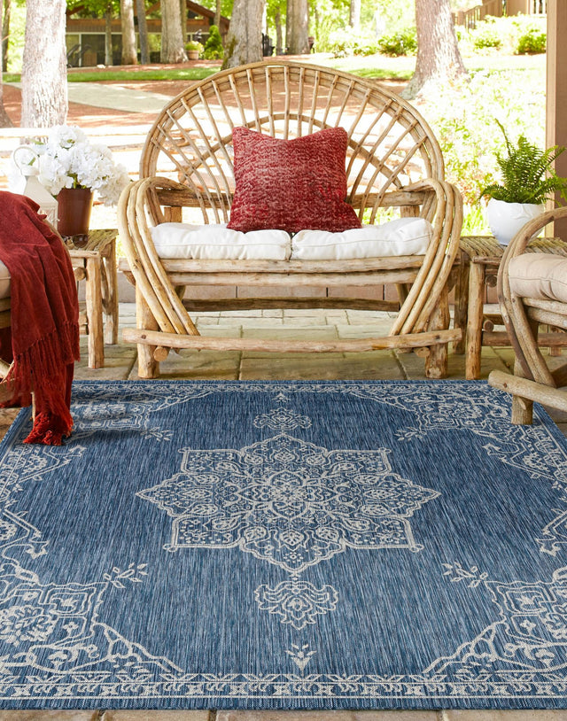 Blue 10' x 10' Outdoor Traditional Square Area Rug Weather Resistant for Patio, Deck, Terrace, Balcony, Porch Classical Design Outside Carpet for Sale at Rug Engine