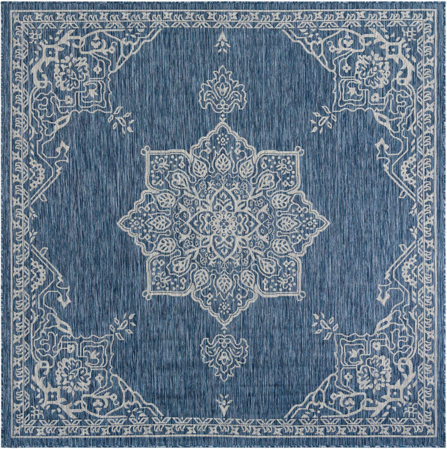 Blue 7' 10 x 7' 10 Outdoor Traditional Square Area Rug Weather Resistant for Patio, Deck, Terrace, Balcony, Porch Classical Design Outside Carpet for Sale at Rug Engine