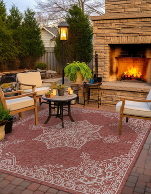 Rust Red 7' 10 x 7' 10 Outdoor Traditional Square Area Rug Weather Resistant for Patio, Deck, Terrace, Balcony, Porch Classical Design Outside Carpet for Sale at Rug Engine