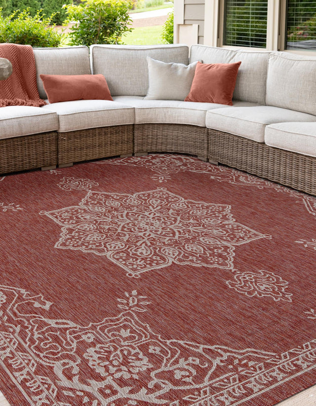 Rust Red 7' 10 x 7' 10 Outdoor Traditional Square Area Rug Weather Resistant for Patio, Deck, Terrace, Balcony, Porch Classical Design Outside Carpet for Sale at Rug Engine