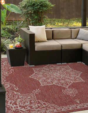 Rust Red 7' 10 x 7' 10 Outdoor Traditional Square Area Rug Weather Resistant for Patio, Deck, Terrace, Balcony, Porch Classical Design Outside Carpet for Sale at Rug Engine