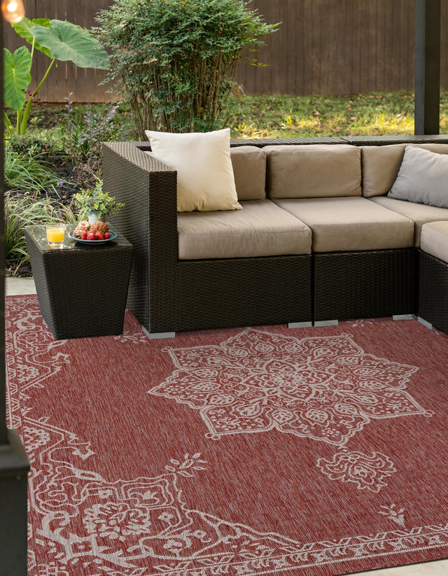 Rust Red 7' 10 x 7' 10 Outdoor Traditional Square Area Rug Weather Resistant for Patio, Deck, Terrace, Balcony, Porch Classical Design Outside Carpet for Sale at Rug Engine