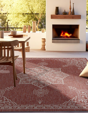 Rust Red 7' 10 x 7' 10 Outdoor Traditional Square Area Rug Weather Resistant for Patio, Deck, Terrace, Balcony, Porch Classical Design Outside Carpet for Sale at Rug Engine