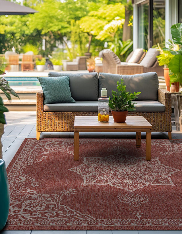 Rust Red 7' 10 x 7' 10 Outdoor Traditional Square Area Rug Weather Resistant for Patio, Deck, Terrace, Balcony, Porch Classical Design Outside Carpet for Sale at Rug Engine