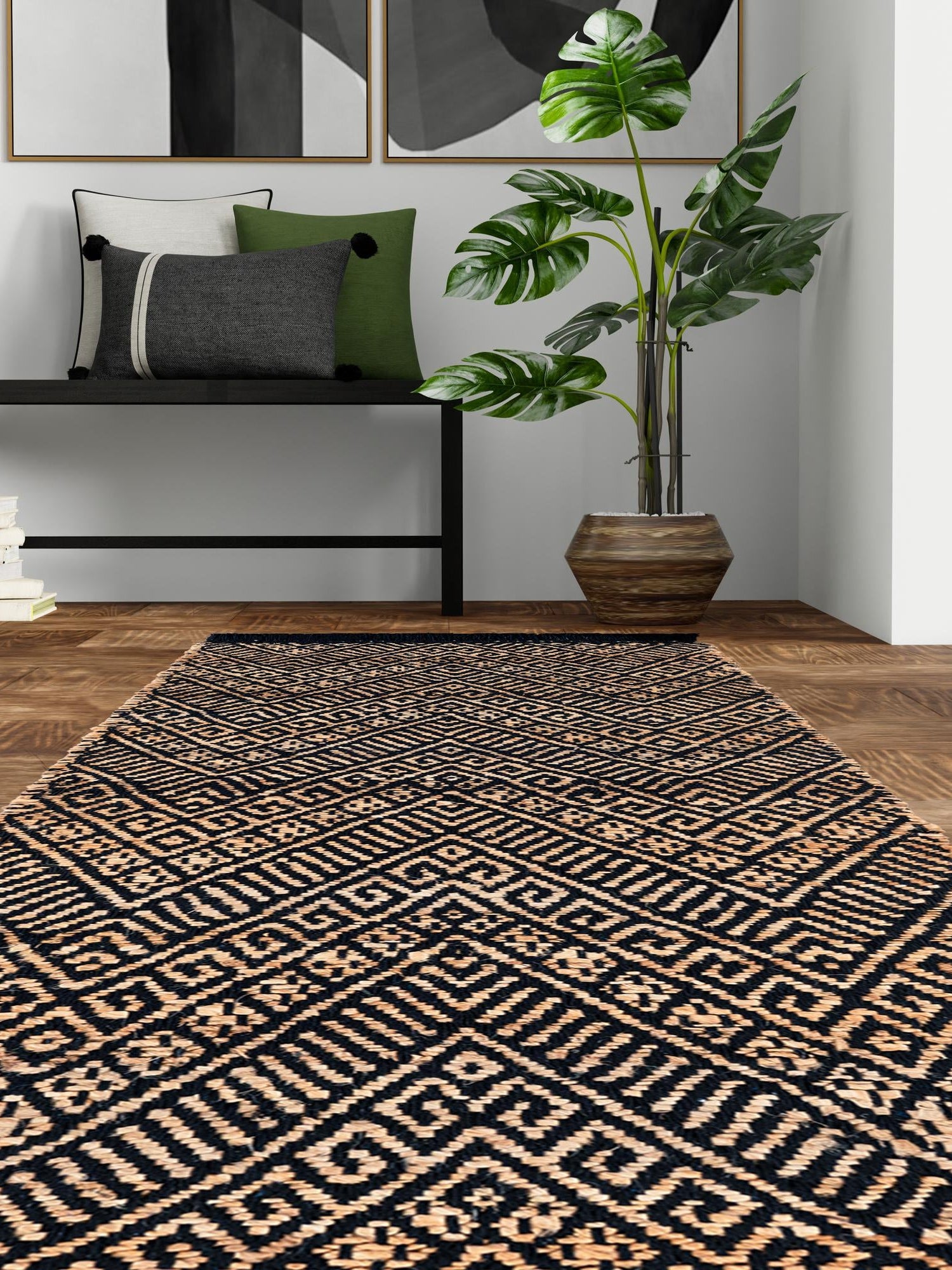 Black and Natural 2' x 8' Braided Jute Runner Area Rug 100% Jute Hand Braided Natural Eco-Friendly Boho Style Carpet for Living Rooms Dining Office Space Dorms for Sale at Rug Engine