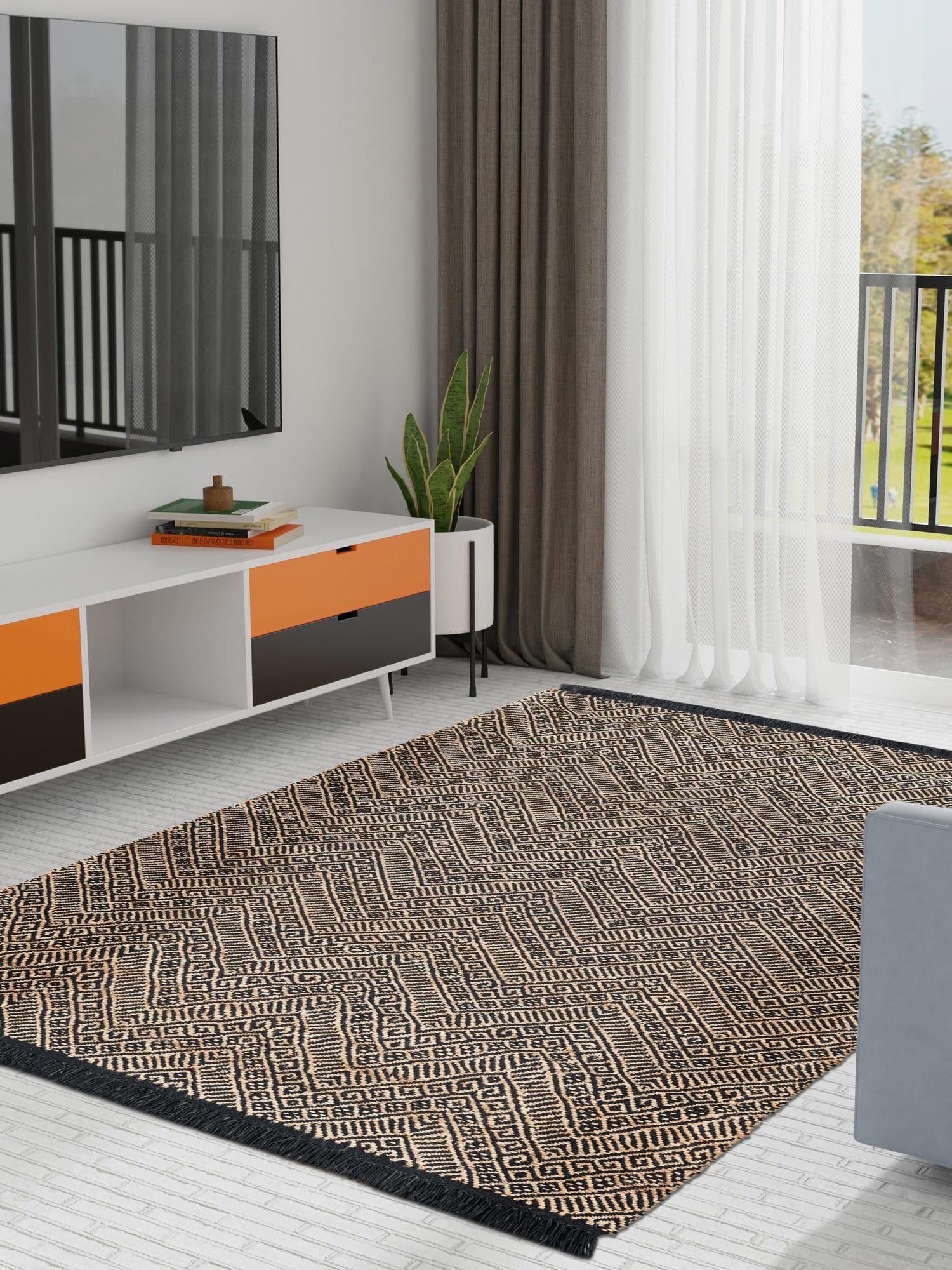 Black and Natural 4' 1 x 6' 1 Braided Jute Rectangle Area Rug 100% Jute Hand Braided Natural Eco-Friendly Boho Style Carpet for Living Rooms Dining Office Space Dorms for Sale at Rug Engine