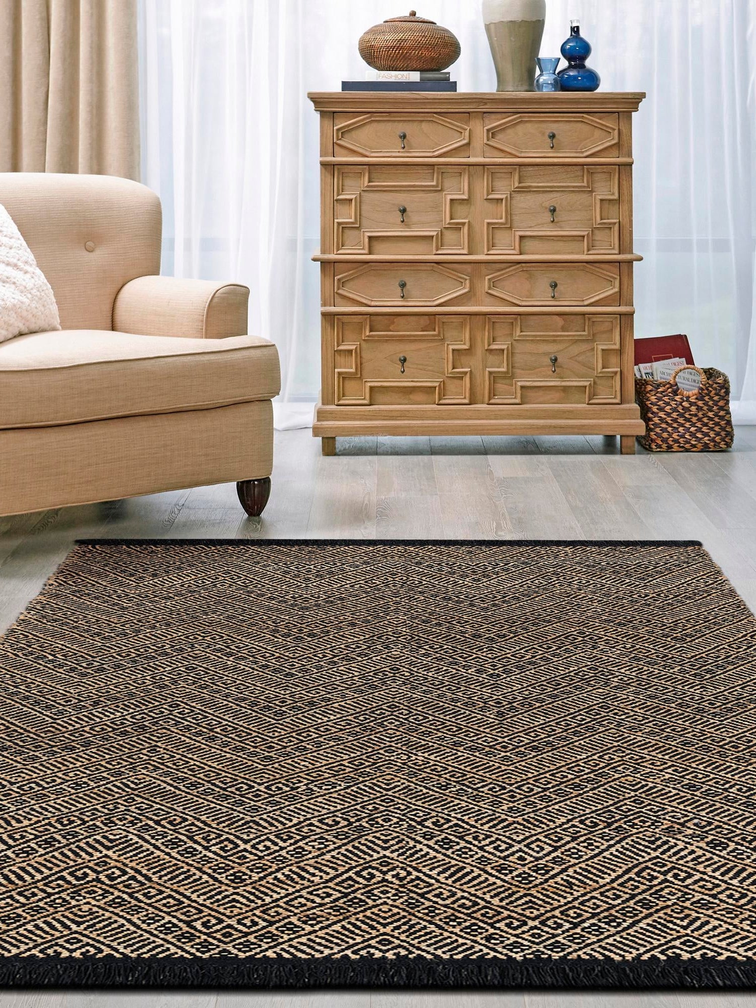Black and Natural 10' x 14' 1 Braided Jute Rectangle Area Rug 100% Jute Hand Braided Natural Eco-Friendly Boho Style Carpet for Living Rooms Dining Office Space Dorms for Sale at Rug Engine