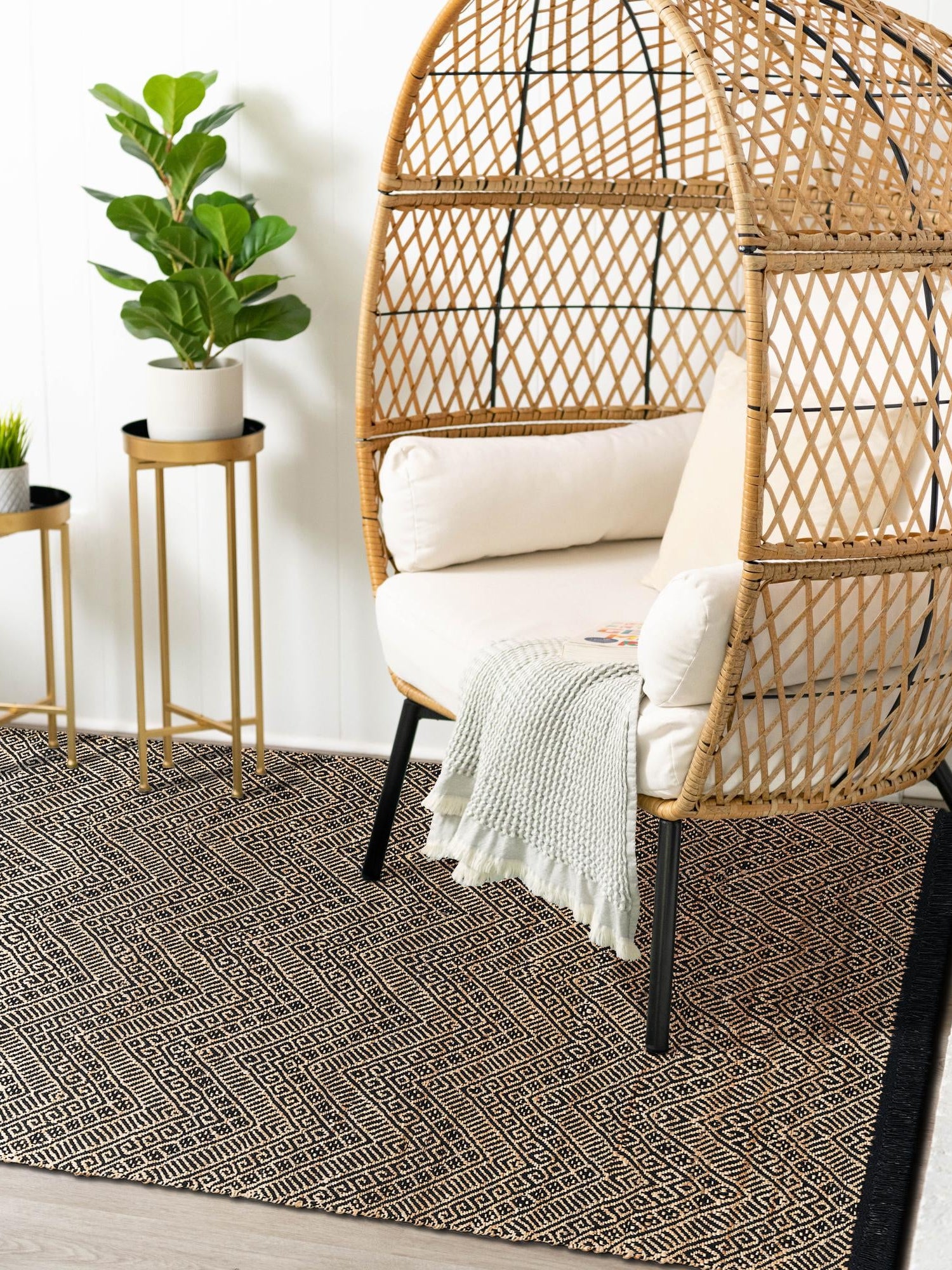 Black and Natural 4' 1 x 6' 1 Braided Jute Rectangle Area Rug 100% Jute Hand Braided Natural Eco-Friendly Boho Style Carpet for Living Rooms Dining Office Space Dorms for Sale at Rug Engine