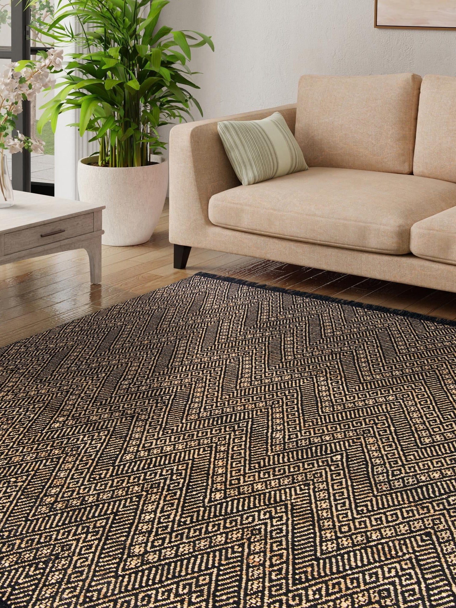 Black and Natural 7' 10 x 7' 10 Braided Jute Square Area Rug 100% Jute Hand Braided Natural Eco-Friendly Boho Style Carpet for Living Rooms Dining Office Space Dorms for Sale at Rug Engine
