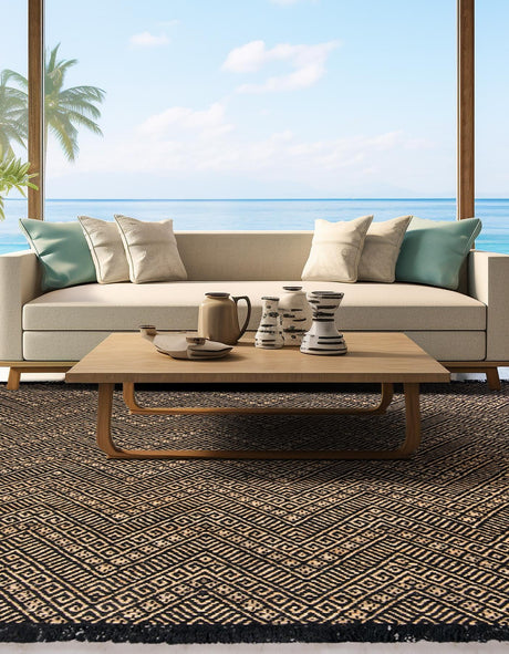 Black and Natural 7' 10 x 7' 10 Braided Jute Square Area Rug 100% Jute Hand Braided Natural Eco-Friendly Boho Style Carpet for Living Rooms Dining Office Space Dorms for Sale at Rug Engine