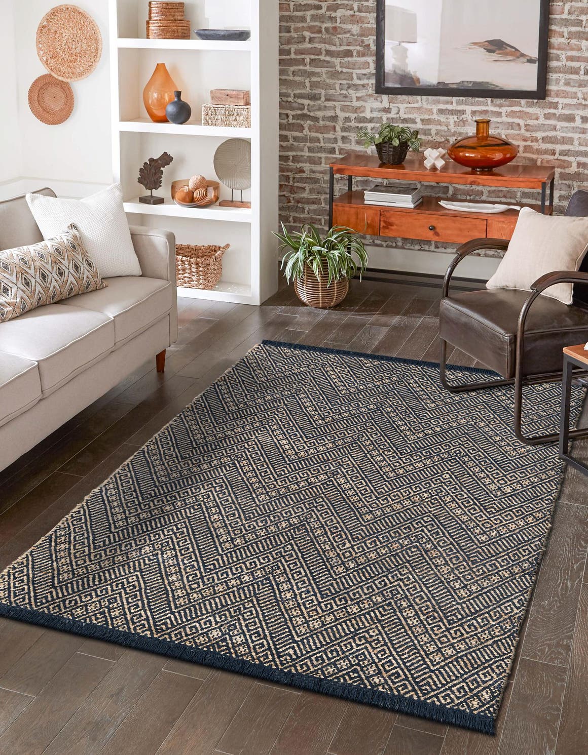 Navy Blue and White 6' 1 x 9' Braided Jute Rectangle Area Rug 100% Jute Hand Braided Natural Eco-Friendly Boho Style Carpet for Living Rooms Dining Office Space Dorms for Sale at Rug Engine