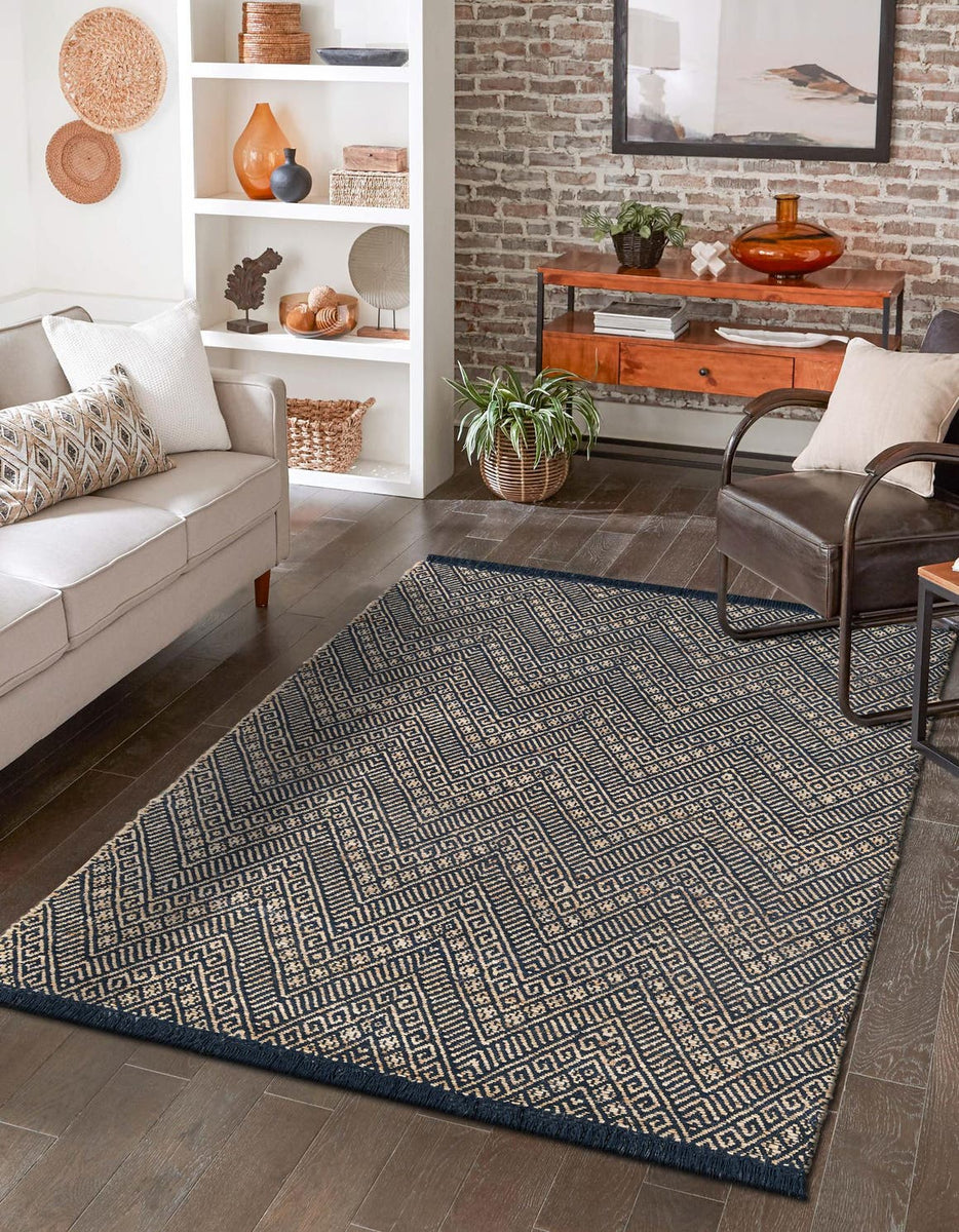 Navy Blue and White 9' x 12' Braided Jute Rectangle Area Rug 100% Jute ...