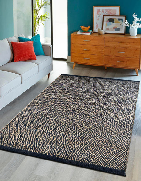 Navy Blue and White 10' x 14' 1 Braided Jute Rectangle Area Rug 100% Jute Hand Braided Natural Eco-Friendly Boho Style Carpet for Living Rooms Dining Office Space Dorms for Sale at Rug Engine