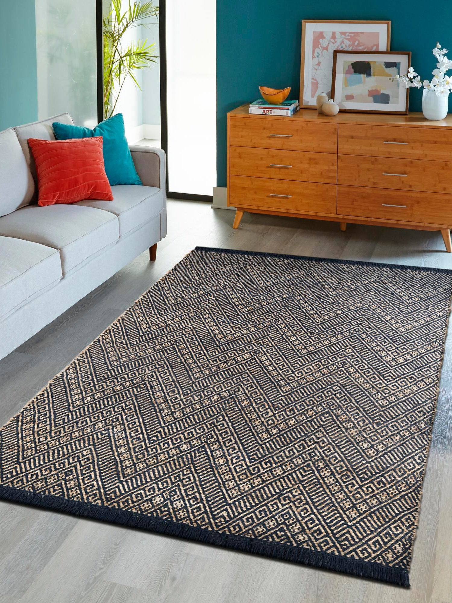 Navy Blue and White 6' 1 x 9' Braided Jute Rectangle Area Rug 100% Jute Hand Braided Natural Eco-Friendly Boho Style Carpet for Living Rooms Dining Office Space Dorms for Sale at Rug Engine