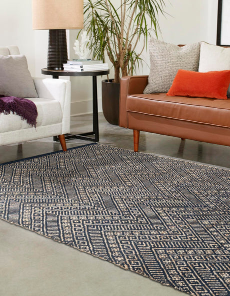 Navy Blue and White 7' 10 x 10' Braided Jute Rectangle Area Rug 100% Jute Hand Braided Natural Eco-Friendly Boho Style Carpet for Living Rooms Dining Office Space Dorms for Sale at Rug Engine