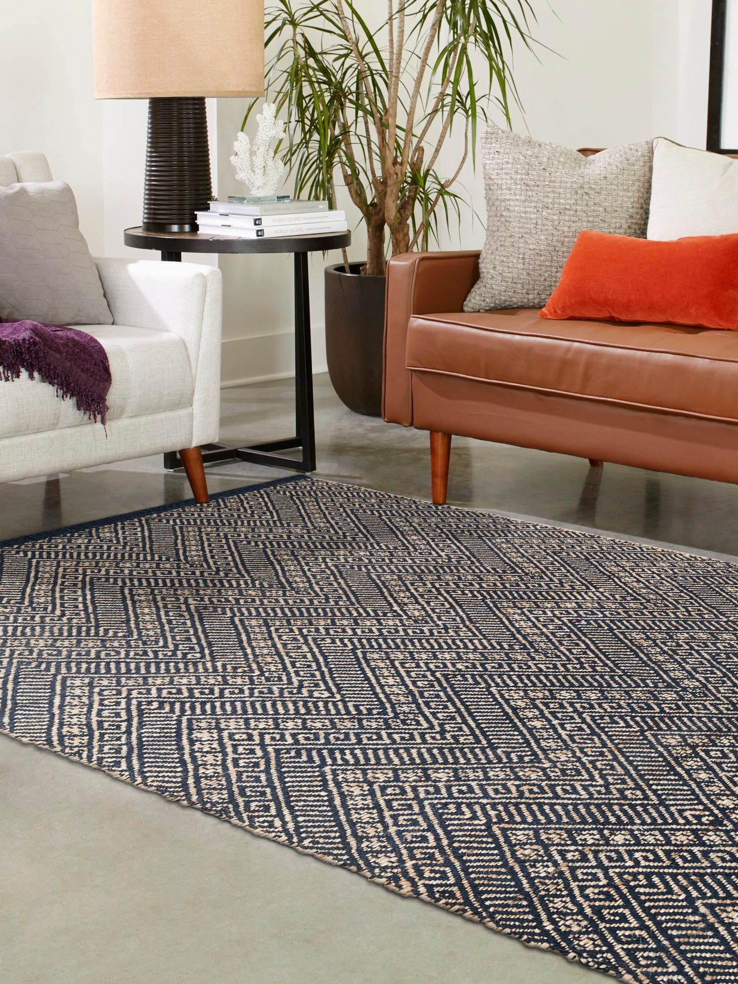 Navy Blue and White 6' 1 x 9' Braided Jute Rectangle Area Rug 100% Jute Hand Braided Natural Eco-Friendly Boho Style Carpet for Living Rooms Dining Office Space Dorms for Sale at Rug Engine