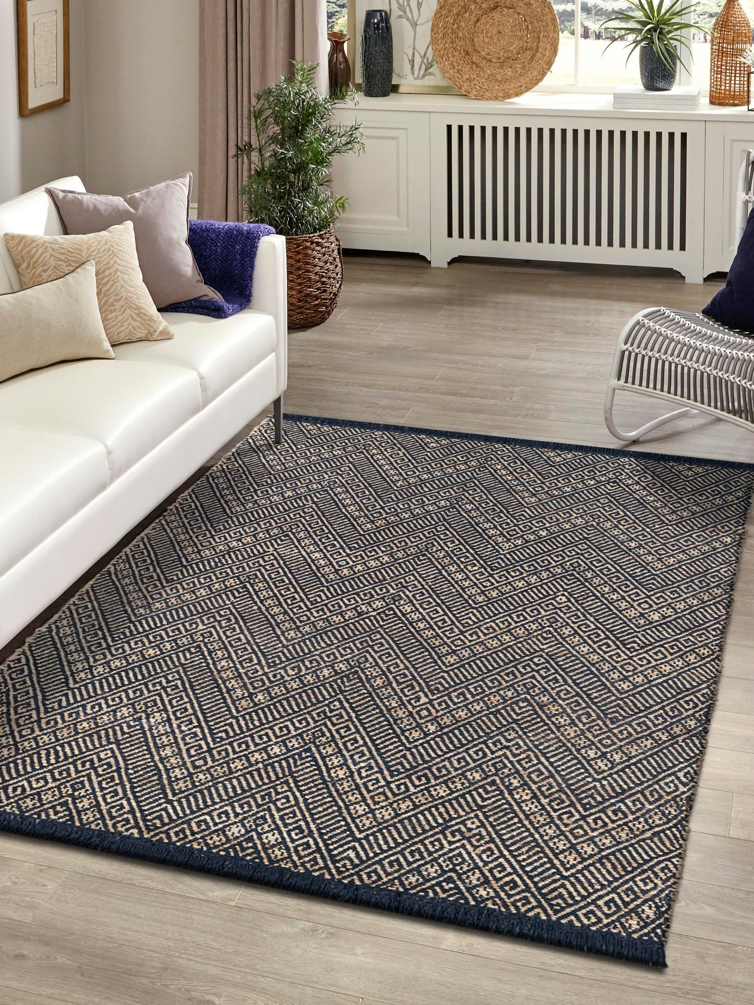 Navy Blue and White 4' 1 x 6' 1 Braided Jute Rectangle Area Rug 100% Jute Hand Braided Natural Eco-Friendly Boho Style Carpet for Living Rooms Dining Office Space Dorms for Sale at Rug Engine