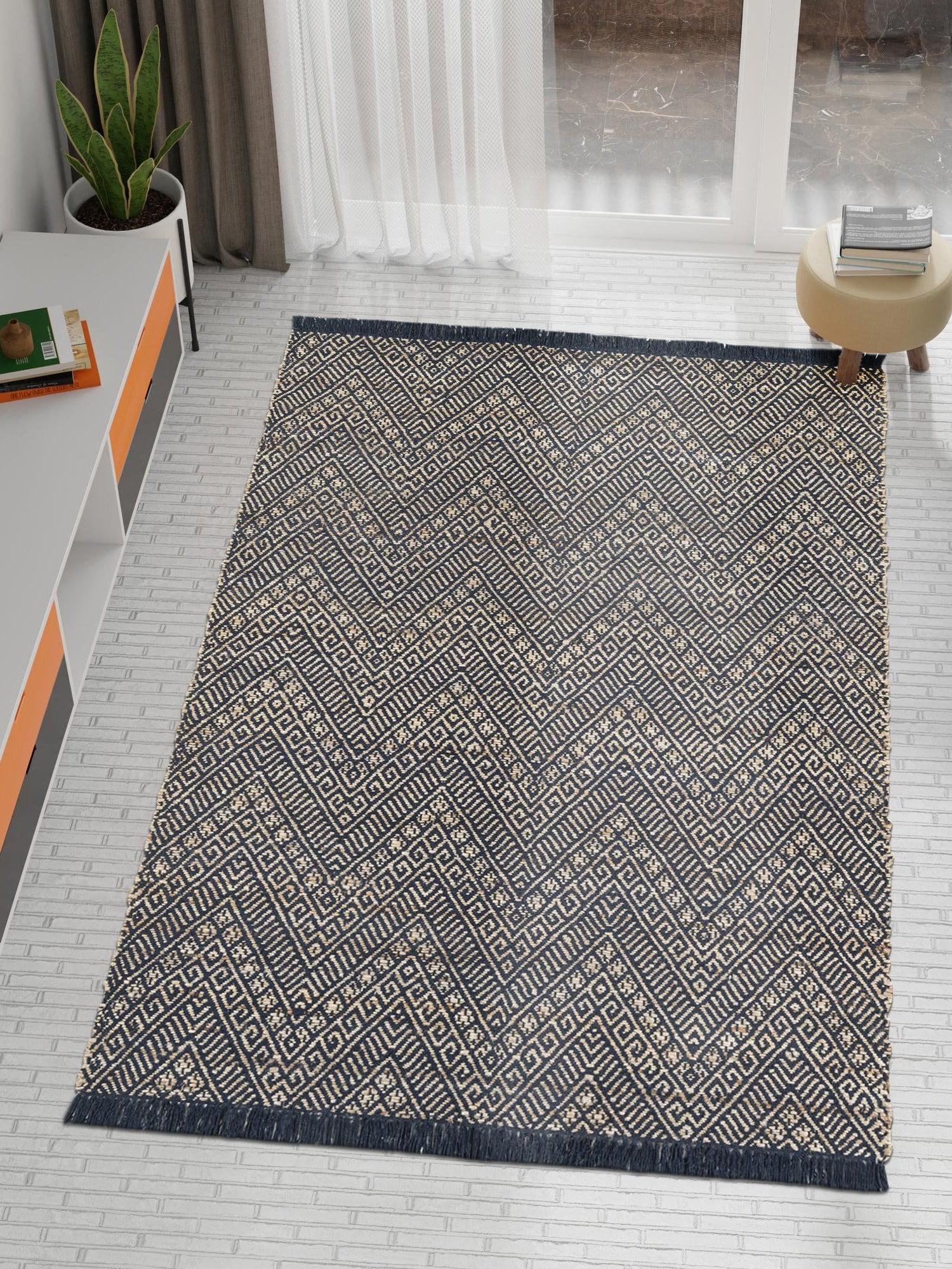 Navy Blue and White 6' 1 x 9' Braided Jute Rectangle Area Rug 100% Jute Hand Braided Natural Eco-Friendly Boho Style Carpet for Living Rooms Dining Office Space Dorms for Sale at Rug Engine