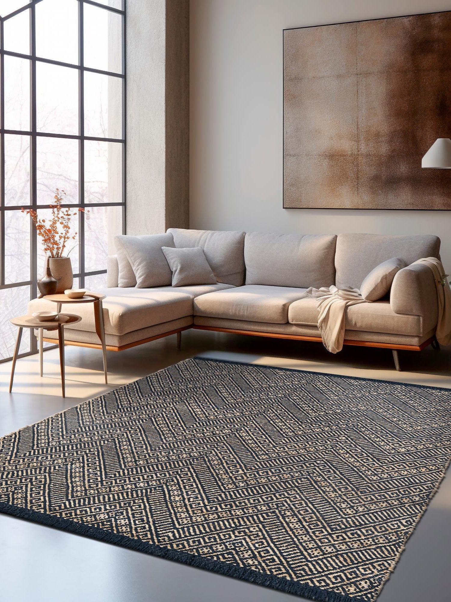 Navy Blue and White 10' x 14' 1 Braided Jute Rectangle Area Rug 100% Jute Hand Braided Natural Eco-Friendly Boho Style Carpet for Living Rooms Dining Office Space Dorms for Sale at Rug Engine