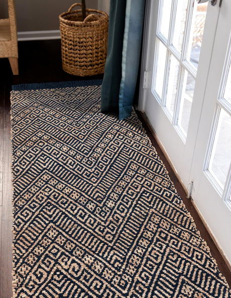 Navy Blue and White 2' x 5' 1 Braided Jute Runner Area Rug 100% Jute Hand Braided Natural Eco-Friendly Boho Style Carpet for Living Rooms Dining Office Space Dorms for Sale at Rug Engine