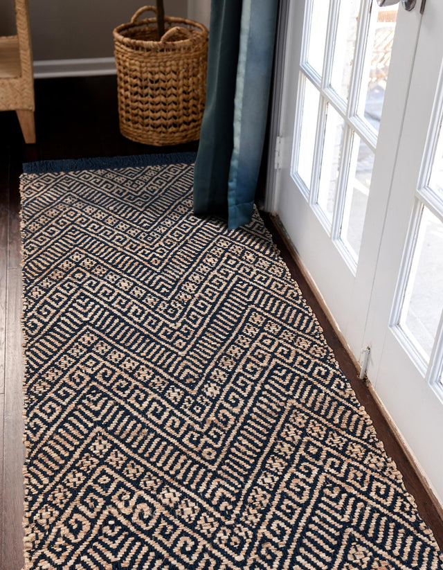 Navy Blue and White 2' x 5' 1 Braided Jute Runner Rug