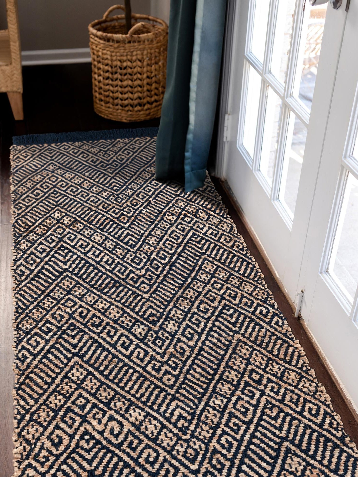 Navy Blue and White 2' 7 x 10' Braided Jute Runner Area Rug 100% Jute Hand Braided Natural Eco-Friendly Boho Style Carpet for Living Rooms Dining Office Space Dorms for Sale at Rug Engine