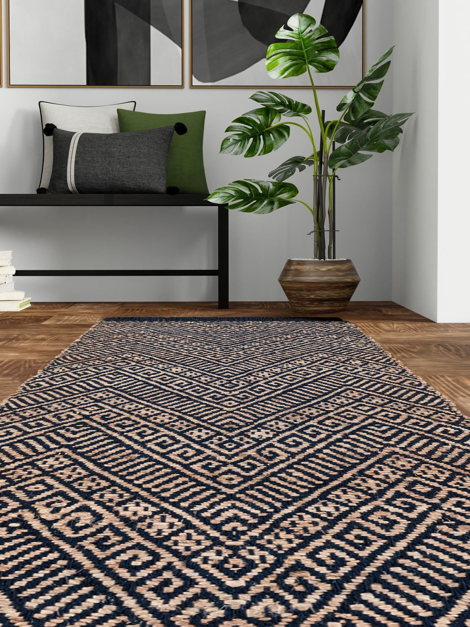 Navy Blue and White 2' x 5' 1 Braided Jute Runner Area Rug 100% Jute Hand Braided Natural Eco-Friendly Boho Style Carpet for Living Rooms Dining Office Space Dorms for Sale at Rug Engine