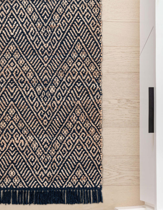 Navy Blue and White 2' x 6' 1 Braided Jute Runner Rug