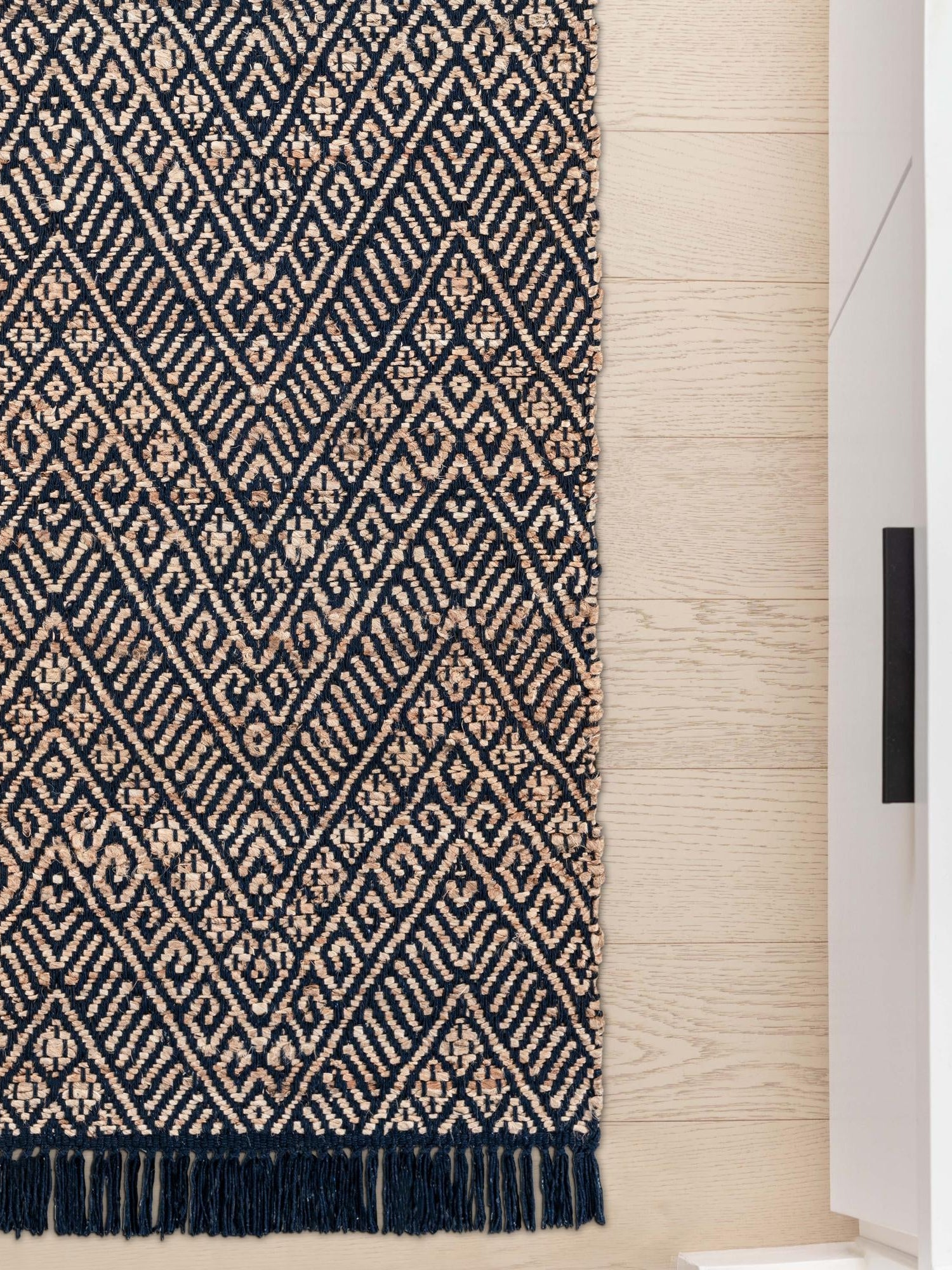 Navy Blue and White 2' x 8' Braided Jute Runner Area Rug 100% Jute Hand Braided Natural Eco-Friendly Boho Style Carpet for Living Rooms Dining Office Space Dorms for Sale at Rug Engine