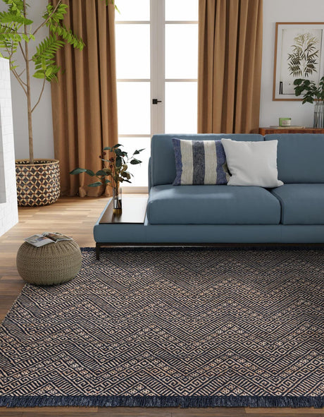 Navy Blue and White 5' 1 x 5' 1 Braided Jute Square Rug