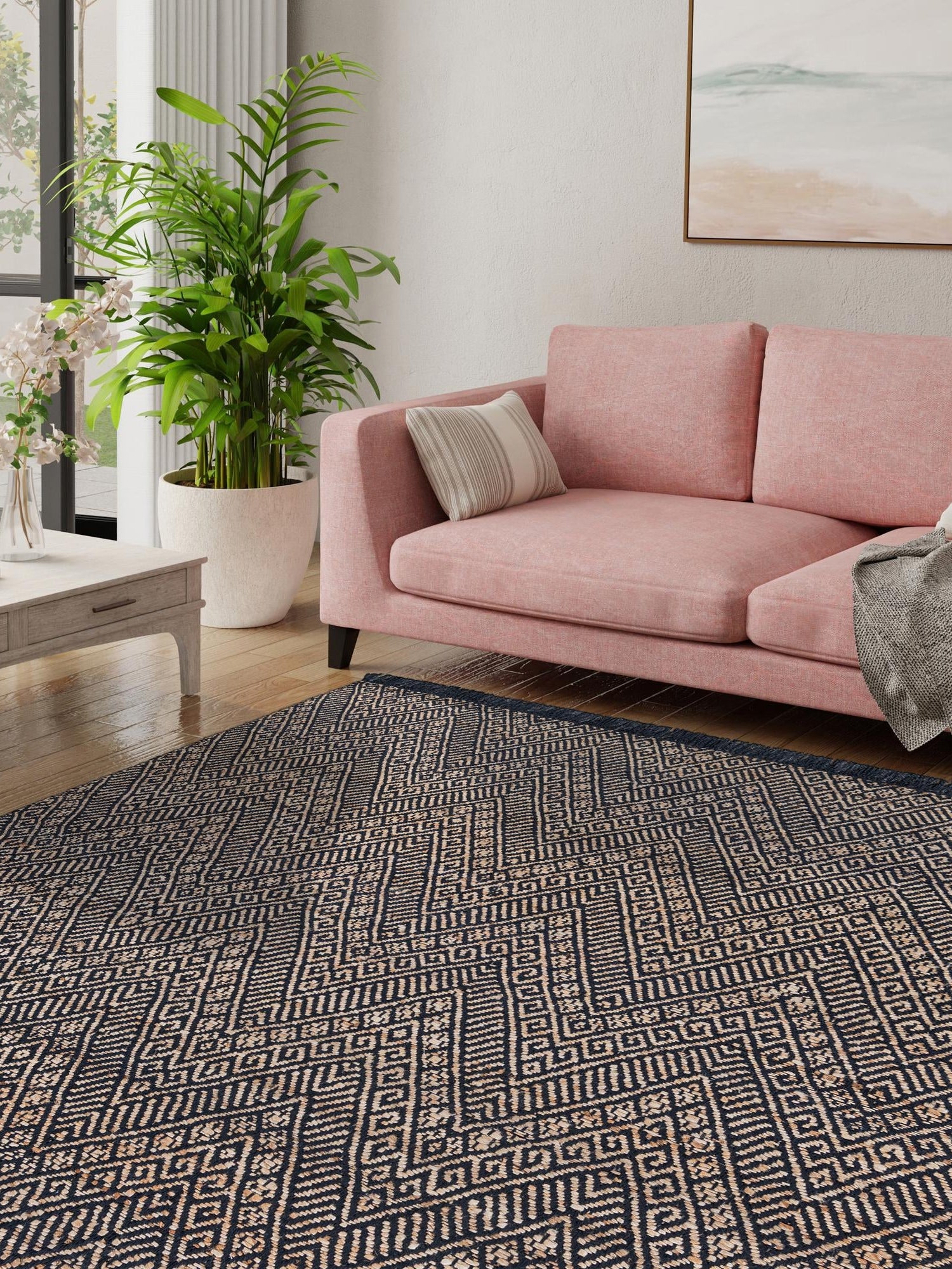 Navy Blue and White 5' 1 x 5' 1 Braided Jute Square Area Rug 100% Jute Hand Braided Natural Eco-Friendly Boho Style Carpet for Living Rooms Dining Office Space Dorms for Sale at Rug Engine