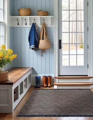 Navy Blue and White 5' 1 x 5' 1 Braided Jute Square Rug