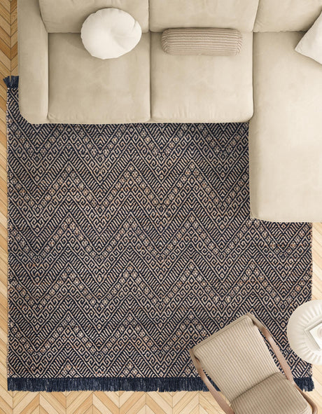 Navy Blue and White 6' 1 x 6' 1 Braided Jute Square Area Rug 100% Jute Hand Braided Natural Eco-Friendly Boho Style Carpet for Living Rooms Dining Office Space Dorms for Sale at Rug Engine