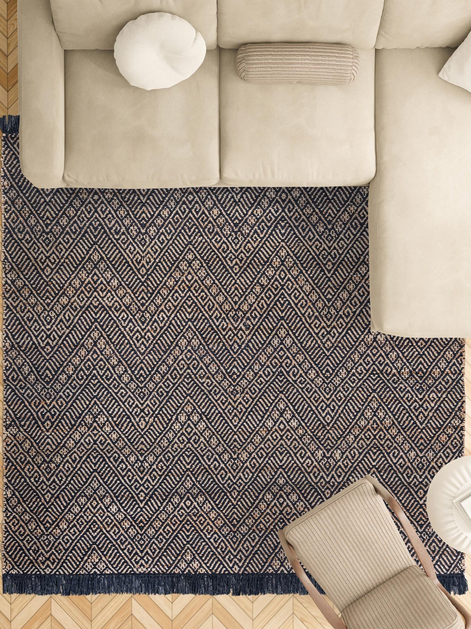 Navy Blue and White 5' 1 x 5' 1 Braided Jute Square Area Rug 100% Jute Hand Braided Natural Eco-Friendly Boho Style Carpet for Living Rooms Dining Office Space Dorms for Sale at Rug Engine